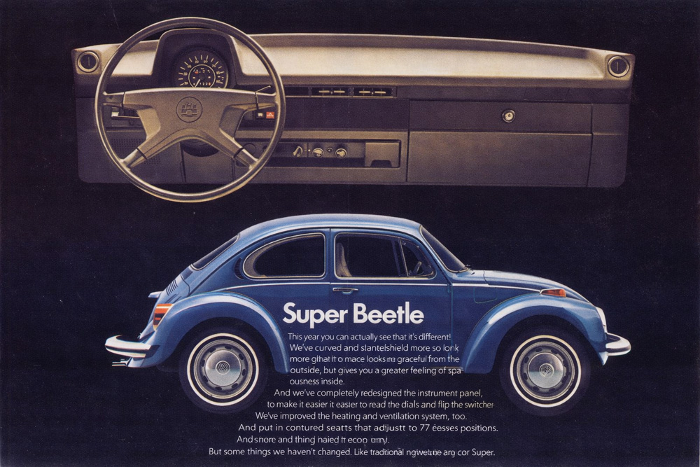Combined Volkswagen Super Beetle advertisement showing dashboard and side profile of blue Beetle