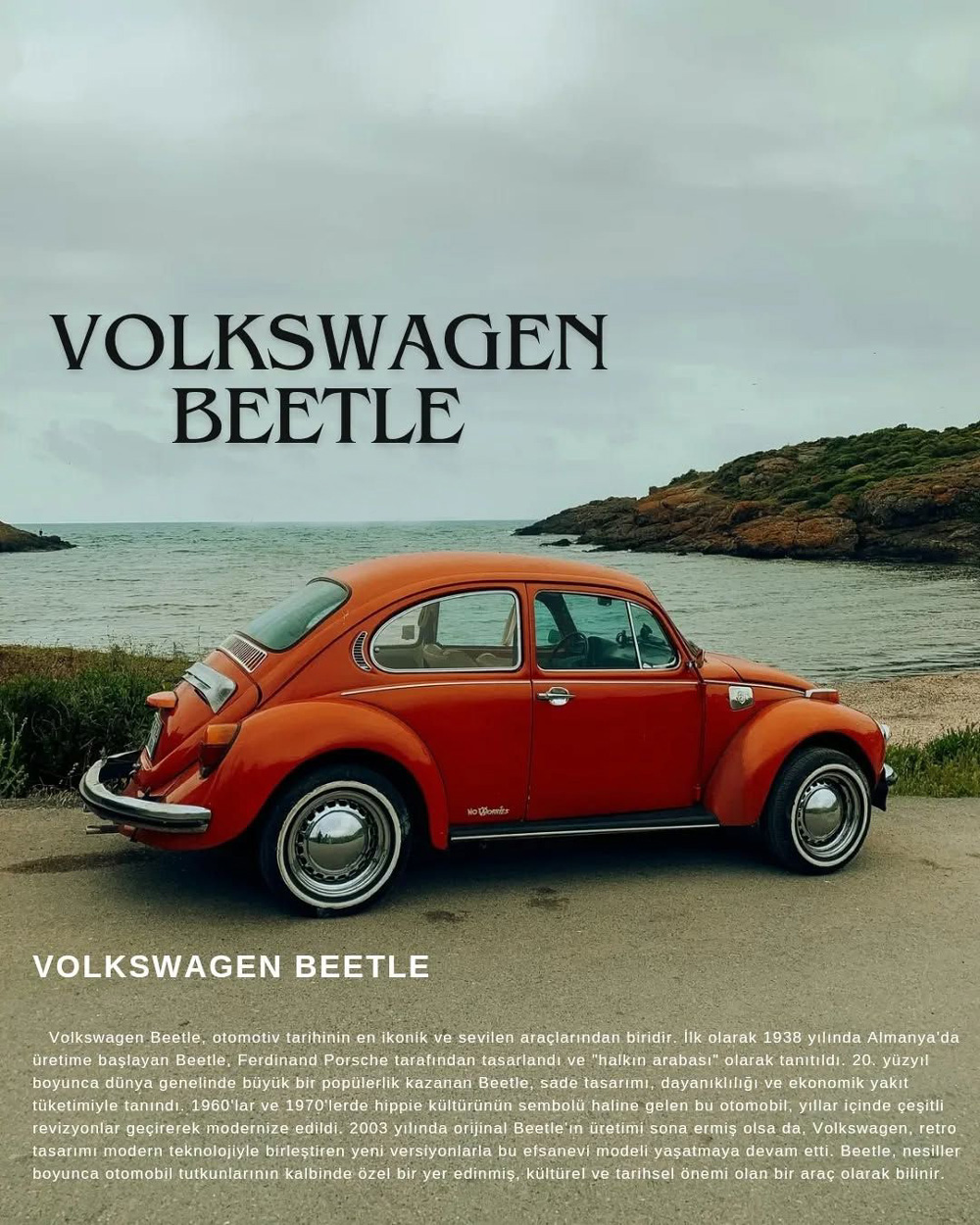 Red Volkswagen Beetle parked on a coastal road with sea and hills in the background