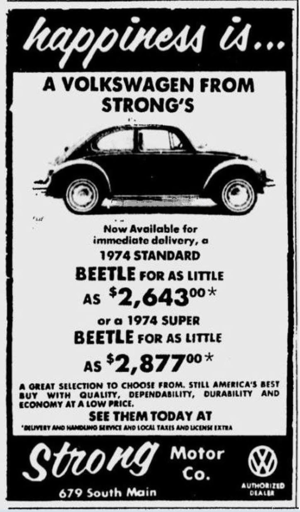 Vintage Strong Motor Co. advertisement featuring Volkswagen Beetle with 1974 pricing and dealership details