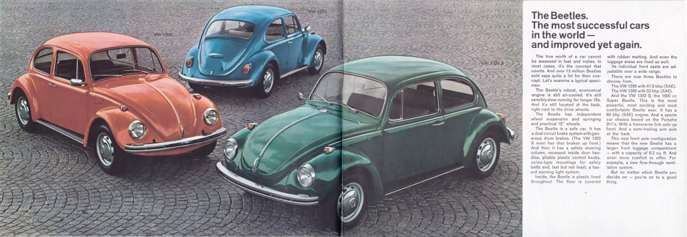 Vintage Volkswagen Beetle advertisement showing orange, blue, and green Beetles on cobblestone with model details on the right