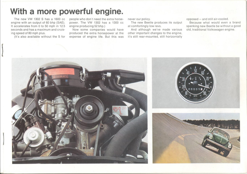 VW 1302 S brochure page showing 1600 cc engine, speedometer, and green Beetle on test track