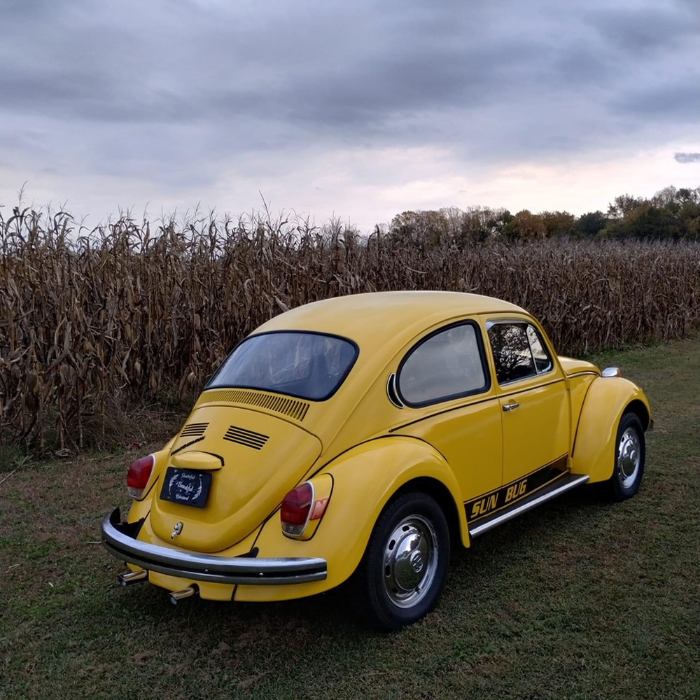 1302 VW Sun Bug parked beside a field of corn