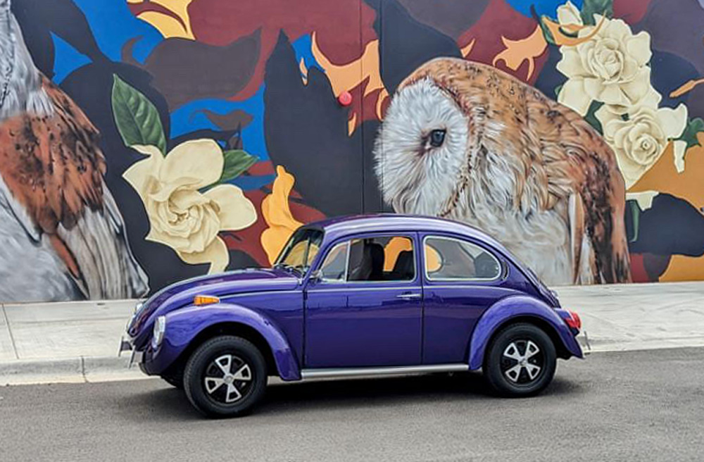 1971 Super Bug parked by a cool mural