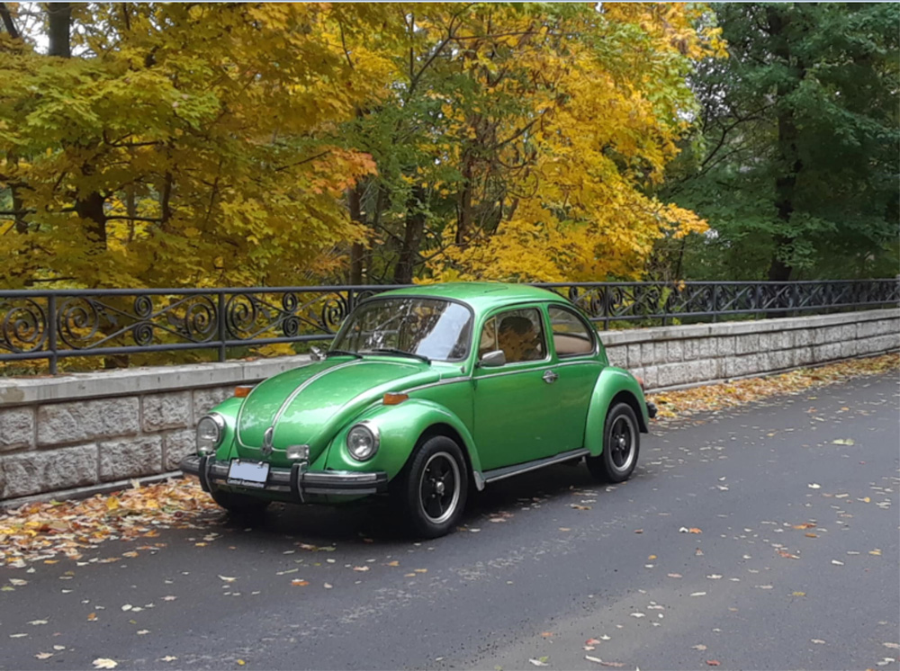 1303 Super Beetle parked on a bridge in Ontario