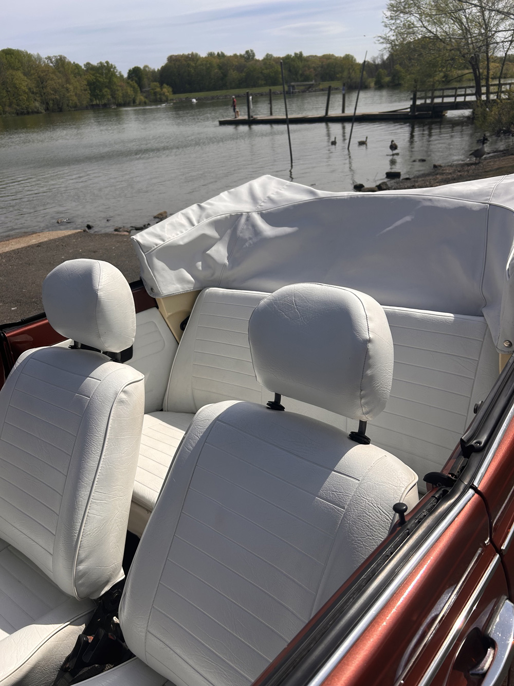 1978 Champagne Edition II Super Beetle interior with burl dash and white seats