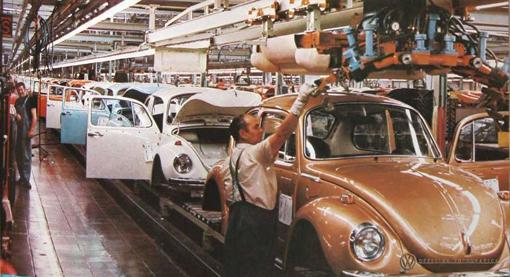 colorful line of 1973 model year 1303 bodies nearing completion
