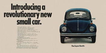 Vintage Volkswagen Super Beetle advertisements and original factory documents from the SuperBeetles.com archive.